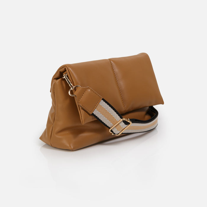 Sac à main bandoulière caramel en PU et sangle rayée en nylon