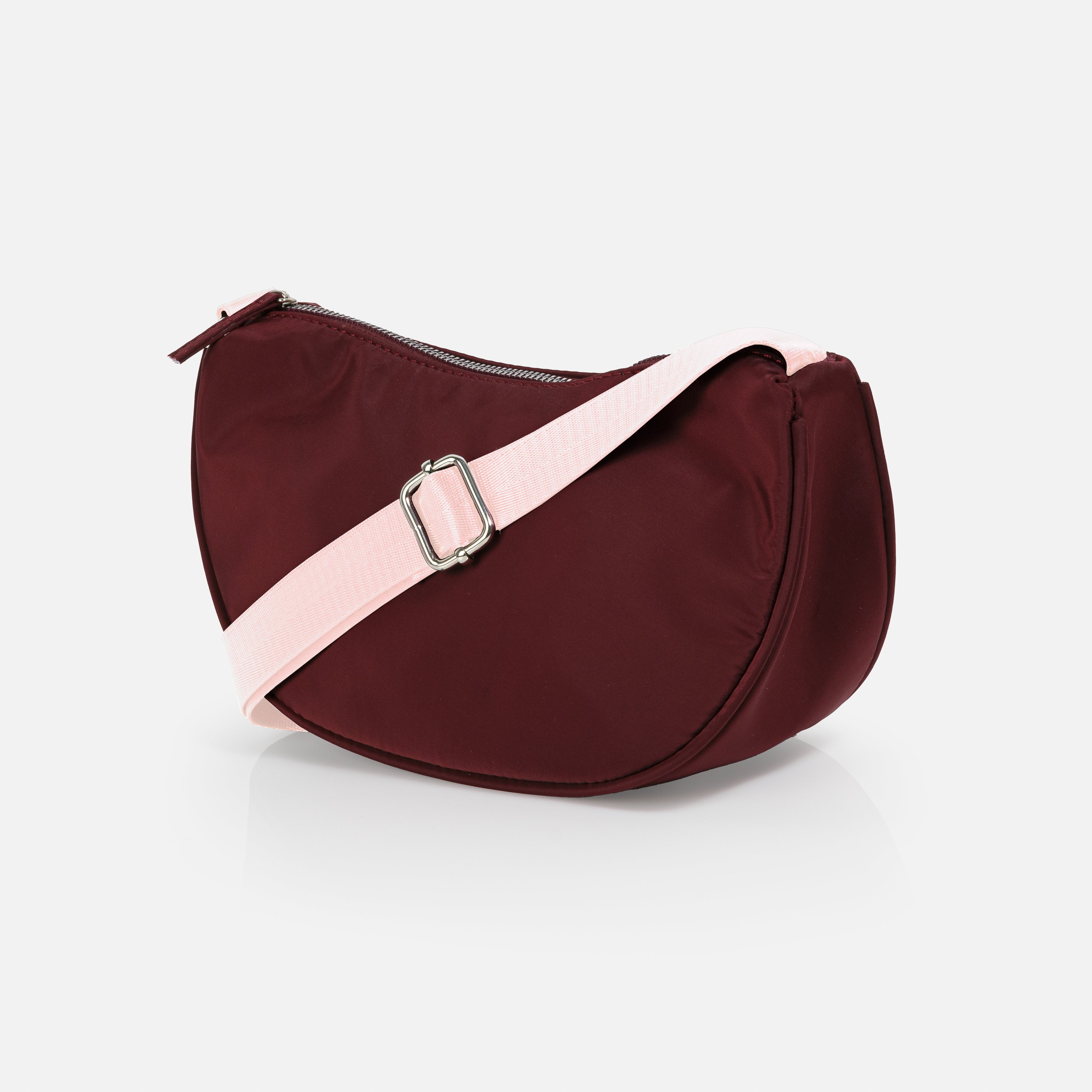 Purple nylon crossbody bag with pale pink strap
