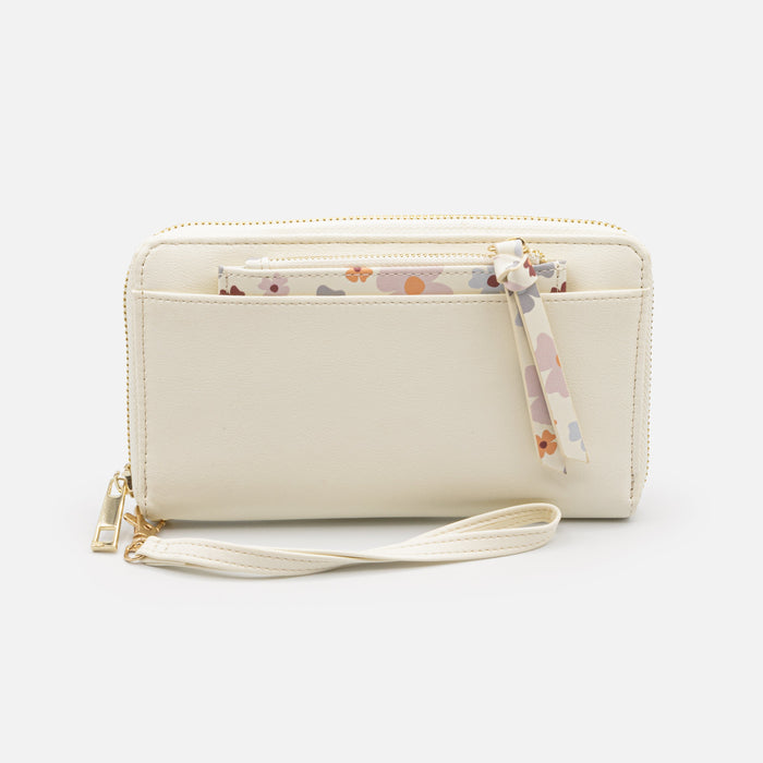 Portefeuille ivoire avec pochette amovible fleurie en PU