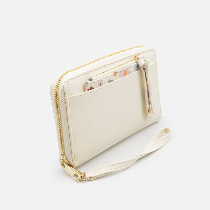 Portefeuille ivoire avec pochette amovible fleurie en PU