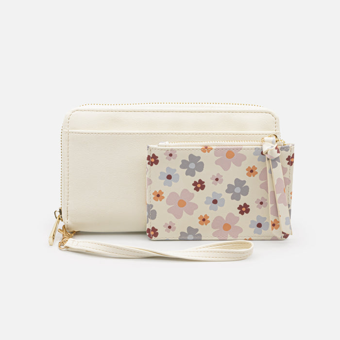 Portefeuille ivoire avec pochette amovible fleurie en PU