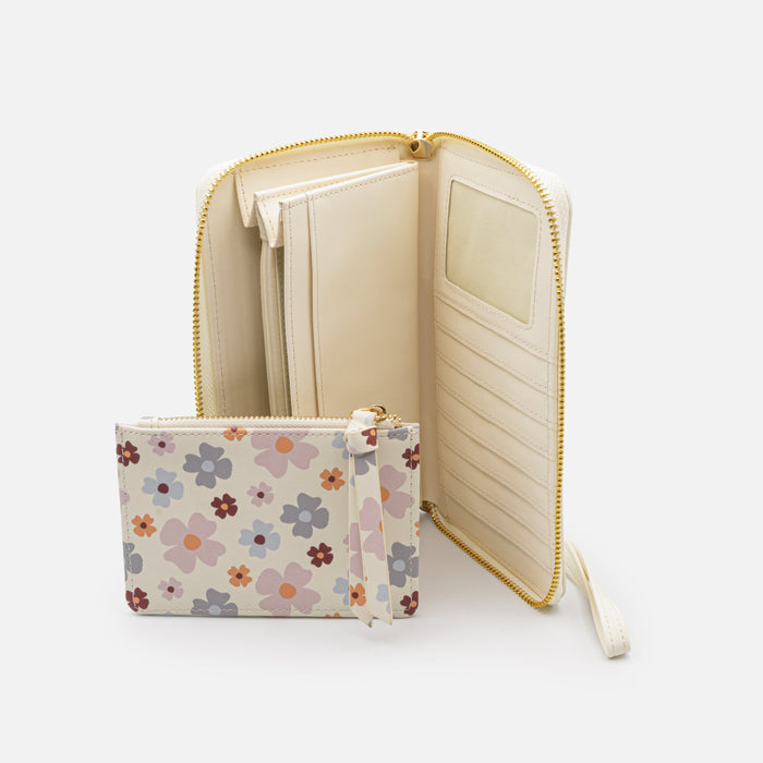 Portefeuille ivoire avec pochette amovible fleurie en PU