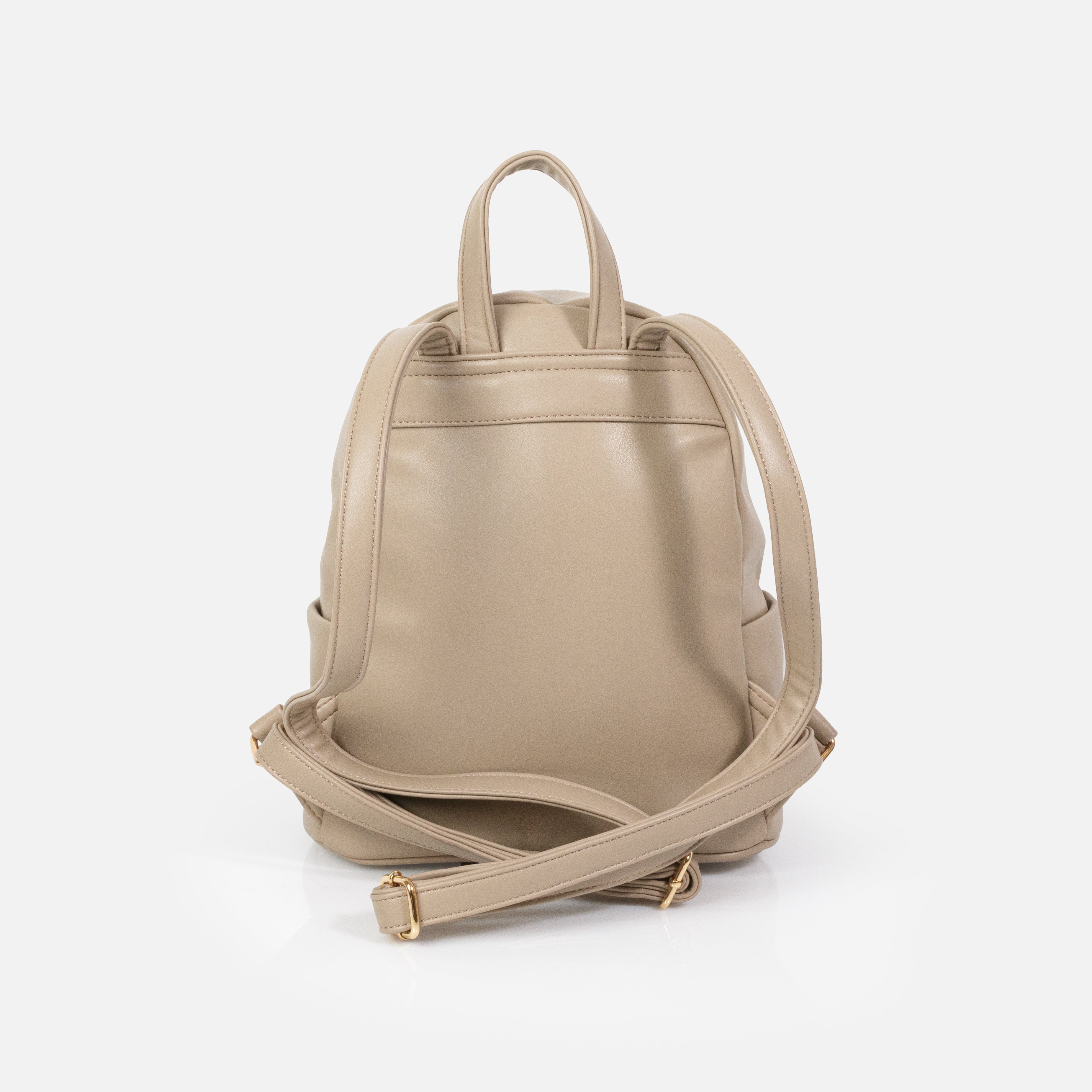 Beige smooth PU backpack with quilted front pocket