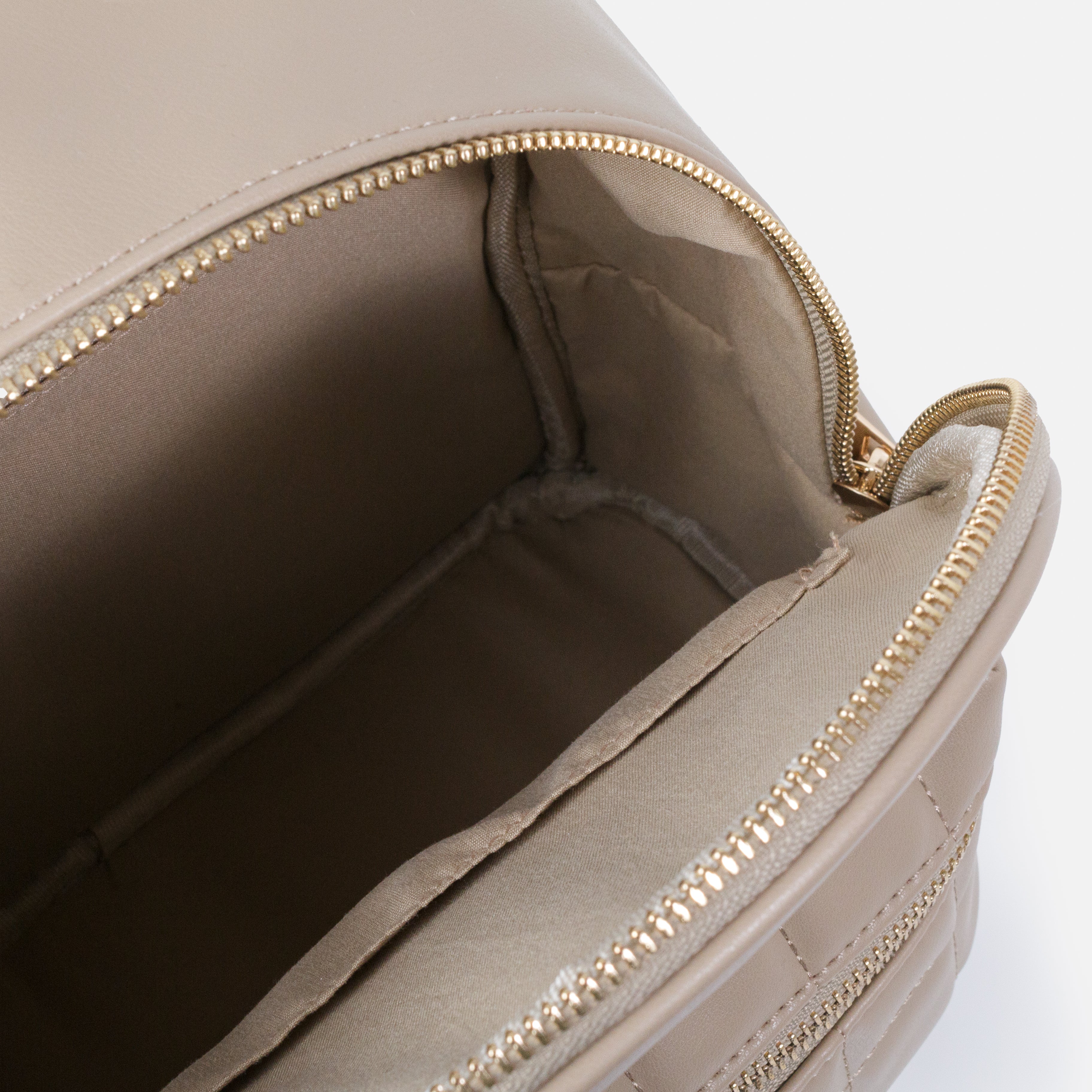Beige smooth PU backpack with quilted front pocket