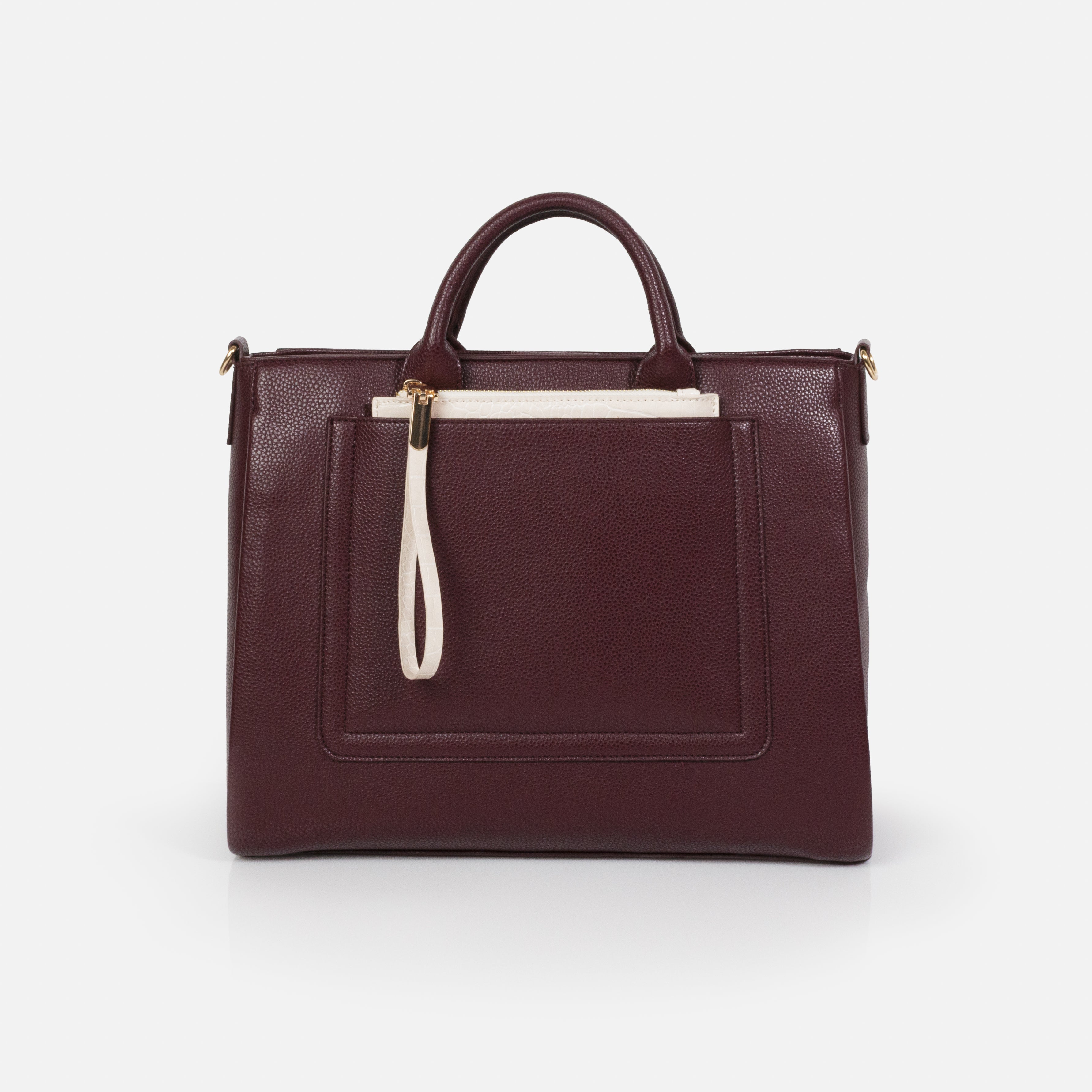 Burgundy PU handbag &amp; removable ivory clutch