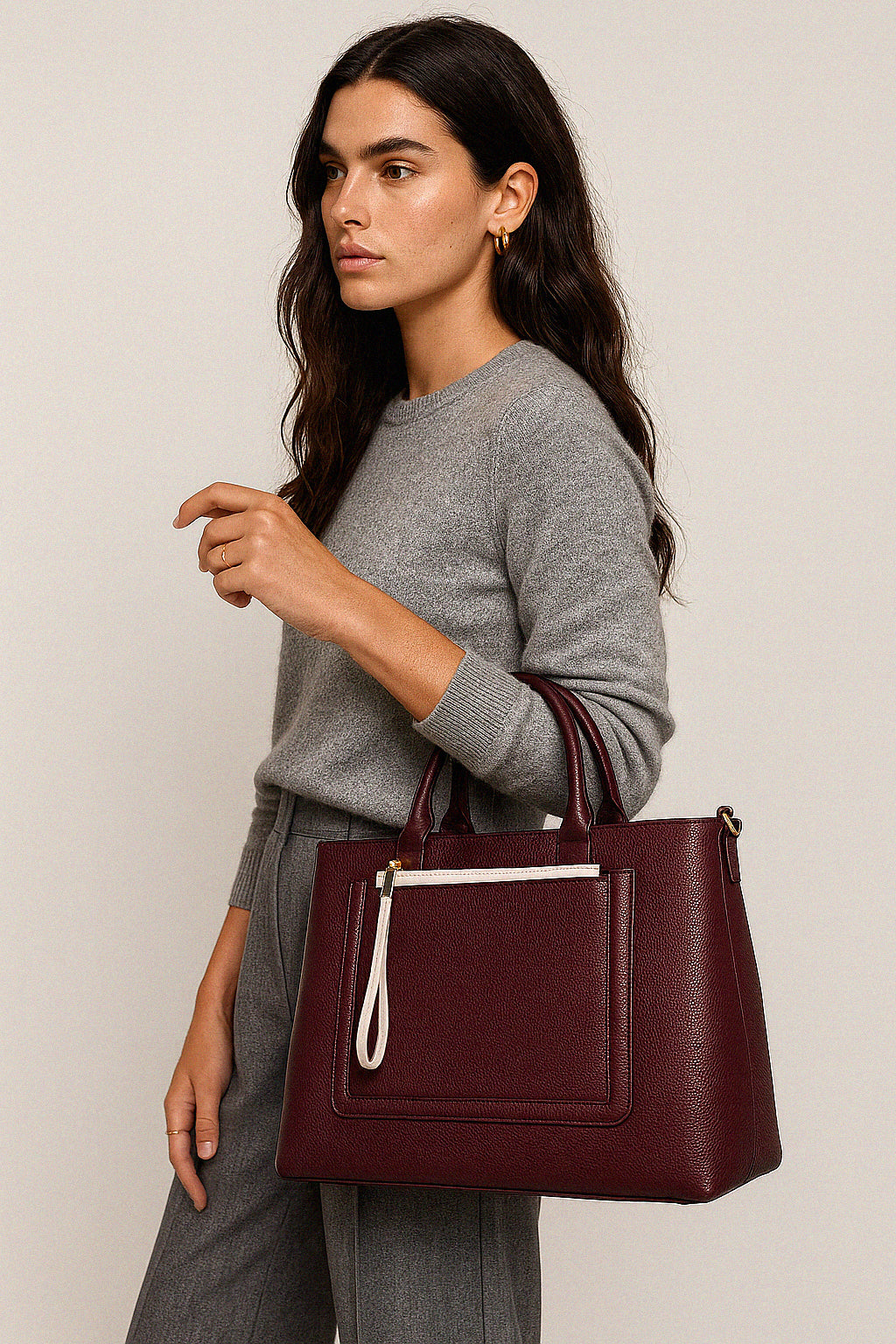 Burgundy PU handbag &amp; removable ivory clutch