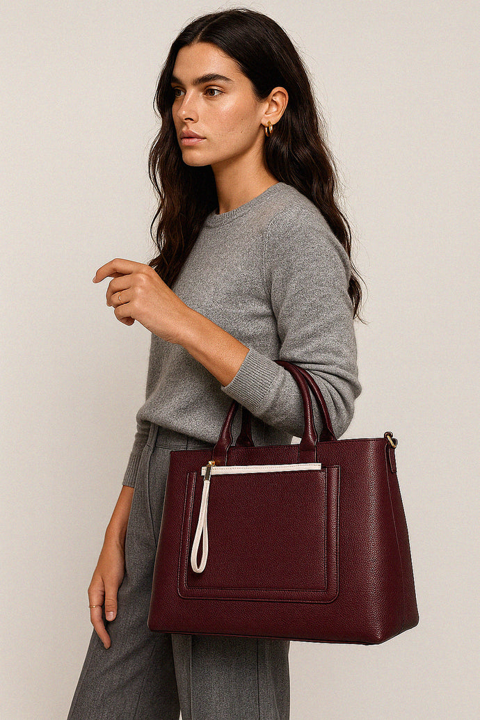 Sac à main bourgogne en PU & pochette amovible ivoire