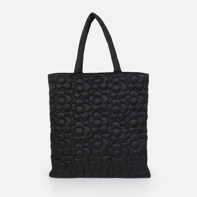 Black quilted nylon tote bag with embroidered flowers