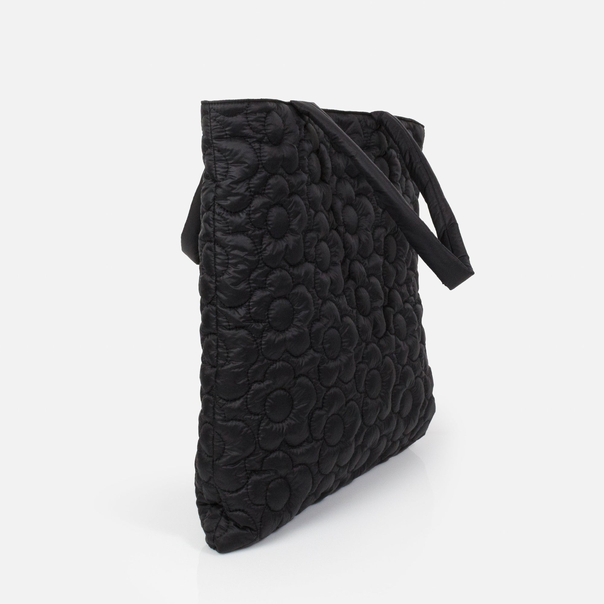Black quilted nylon tote bag with embroidered flowers