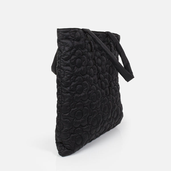 Load image into Gallery viewer, Black quilted nylon tote bag with embroidered flowers
