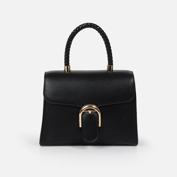 Charger l&#39;image dans la galerie, Sac à main noir en PU lisse avec poignée tressée
