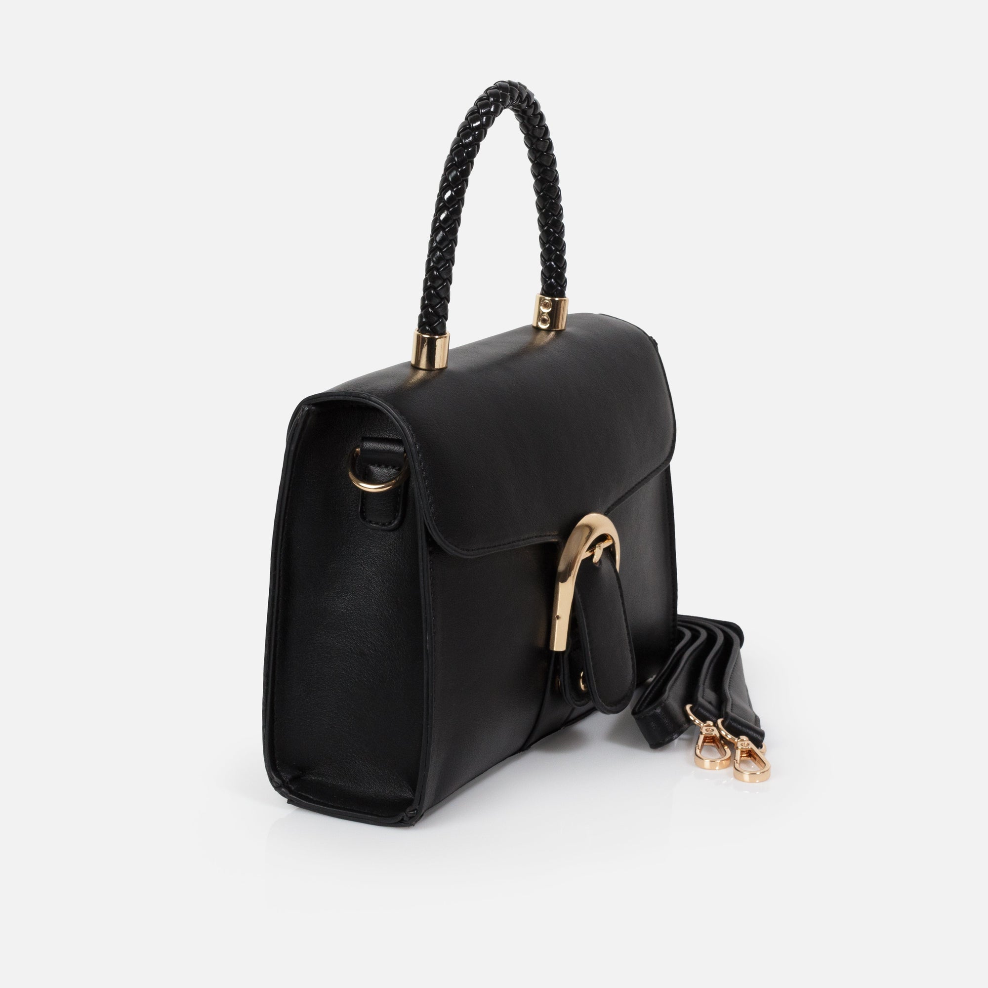 Sac à main noir en PU lisse avec poignée tressée