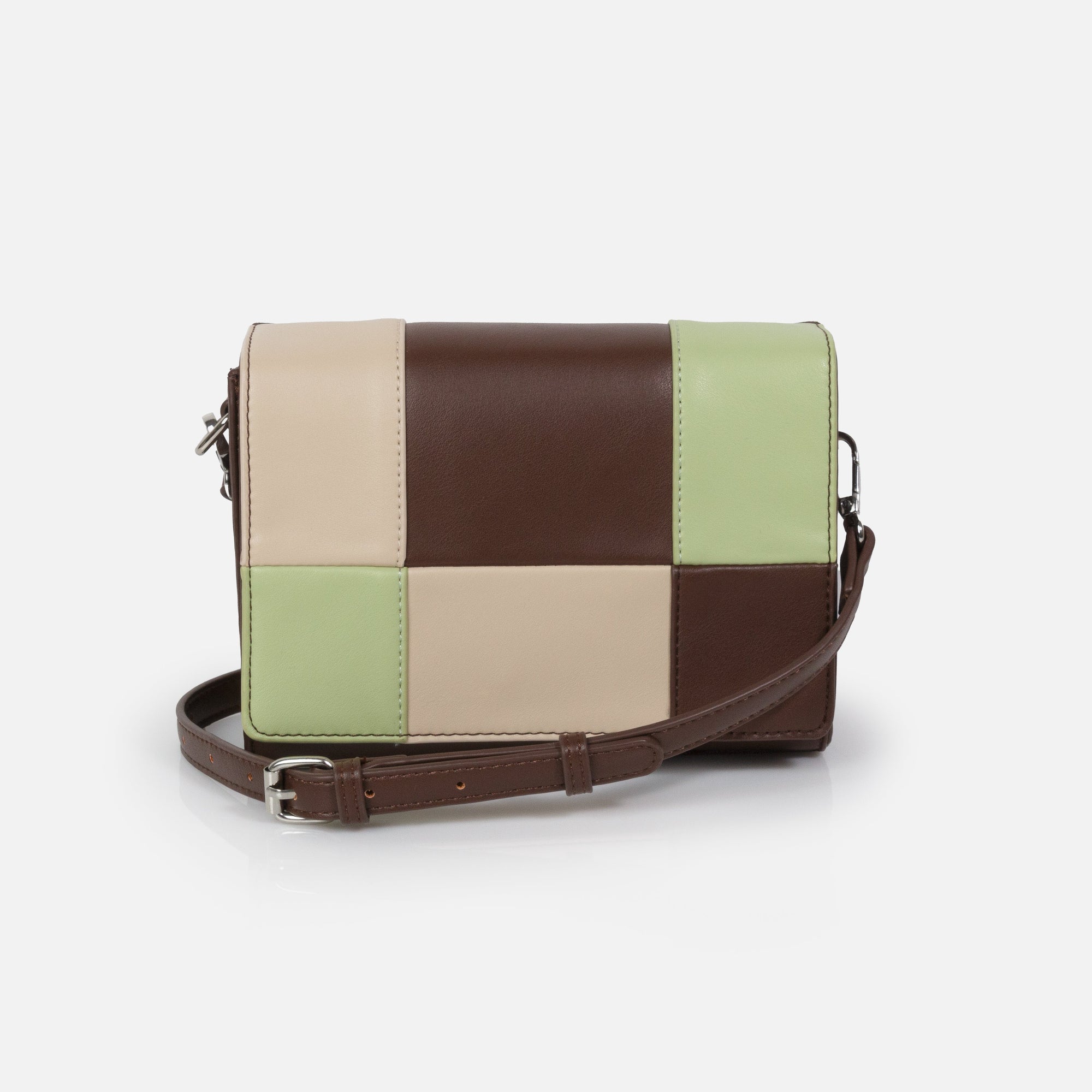 Sac à main bandoulière brun foncé à carreaux beiges vert pâle en