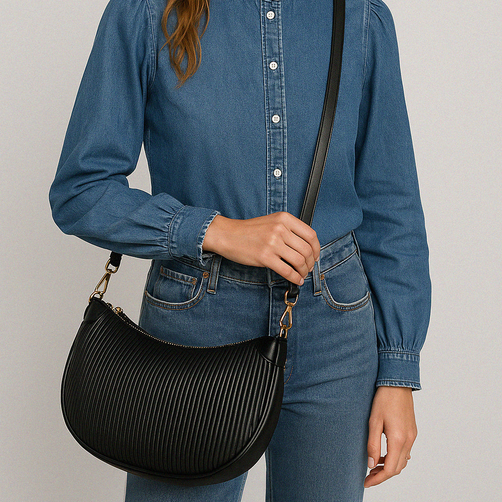 Black Crescent Moon Wavy PU Crossbody Handbag