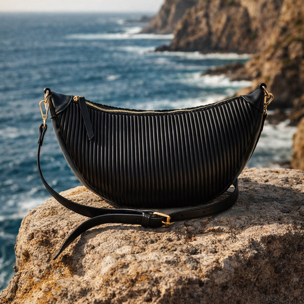 Black Crescent Moon Wavy PU Crossbody Handbag