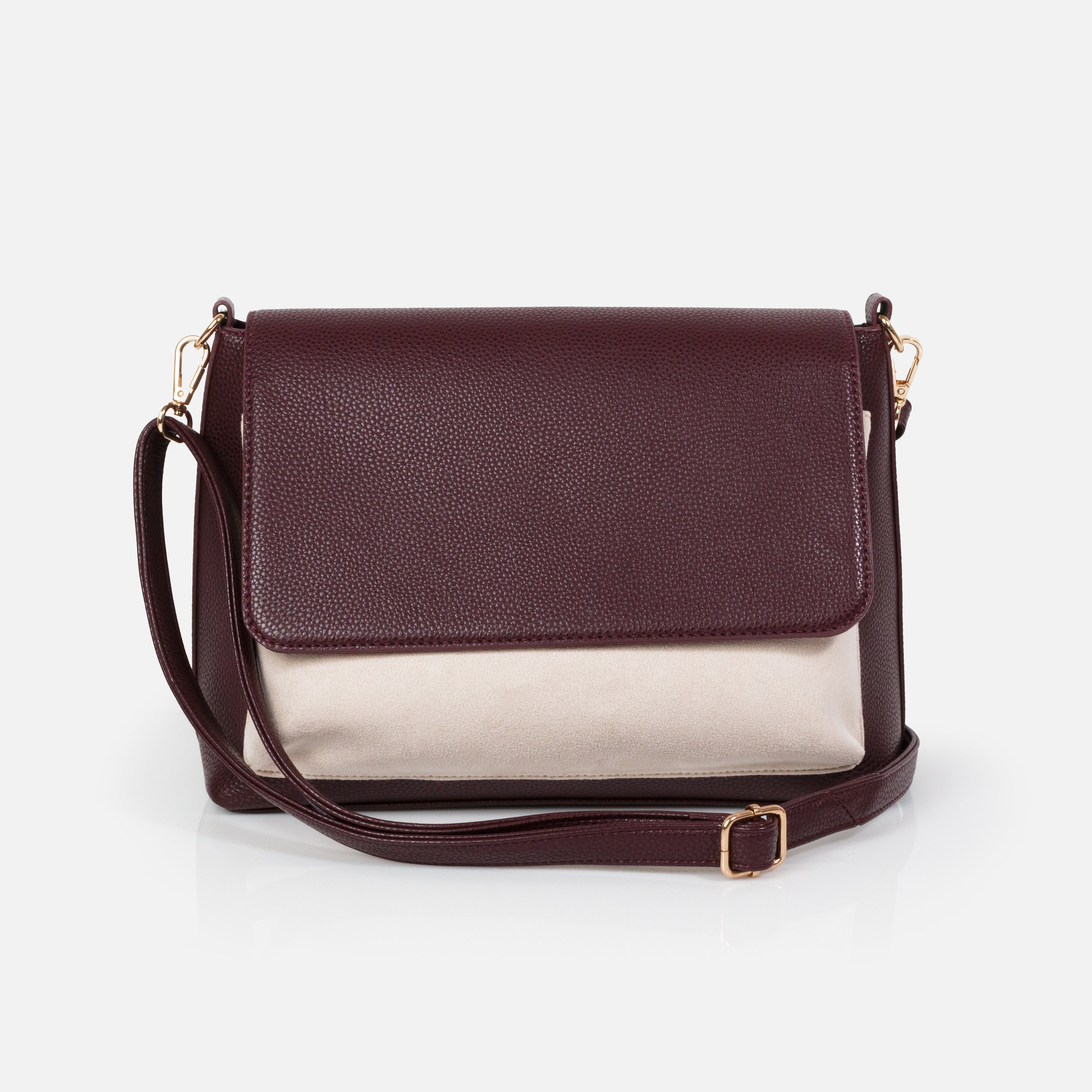 Burgundy embossed PU handbag with ivory suede clutch