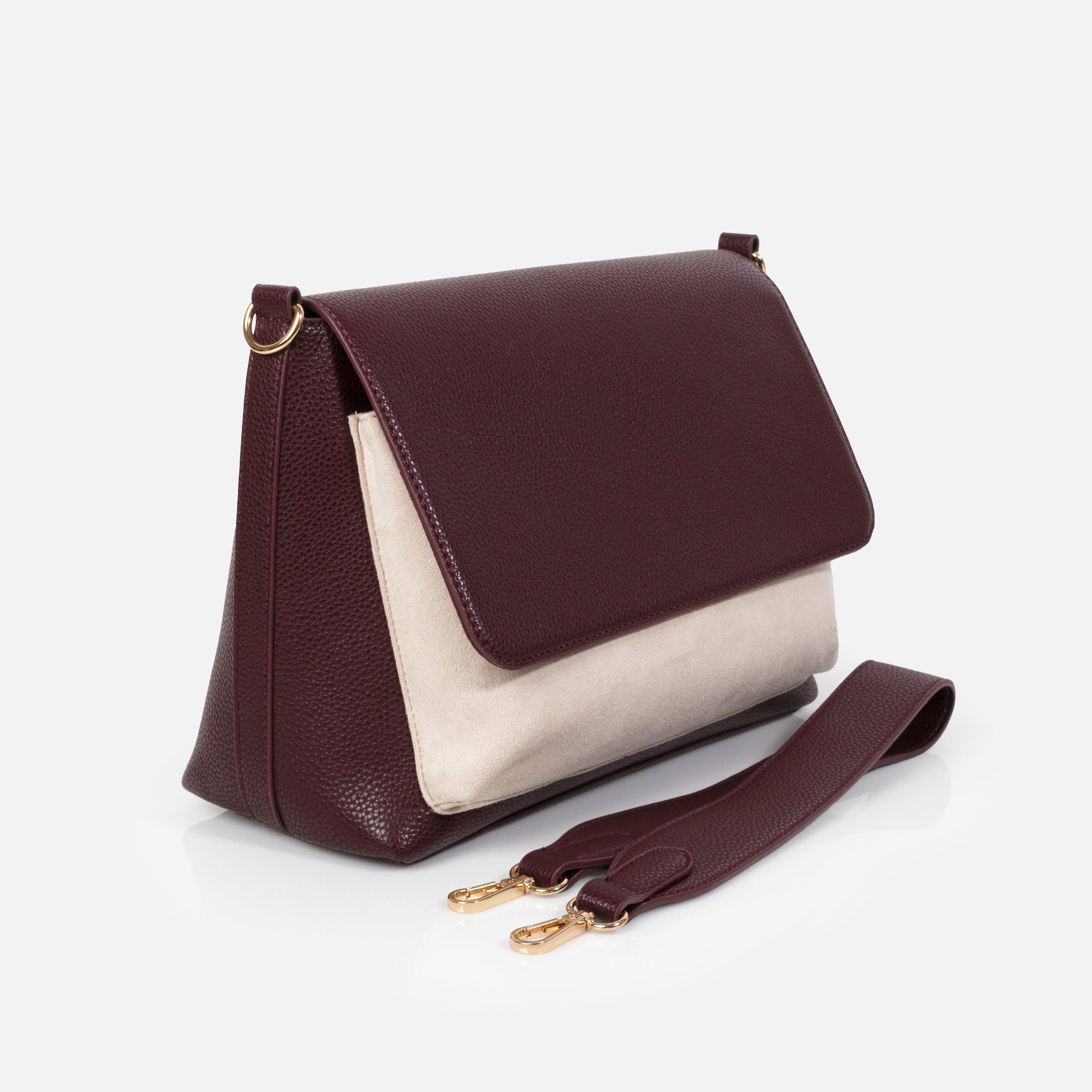 Burgundy embossed PU handbag with ivory suede clutch