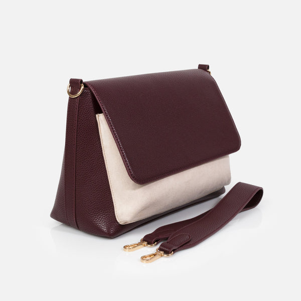 Load image into Gallery viewer, Burgundy embossed PU handbag with ivory suede clutch
