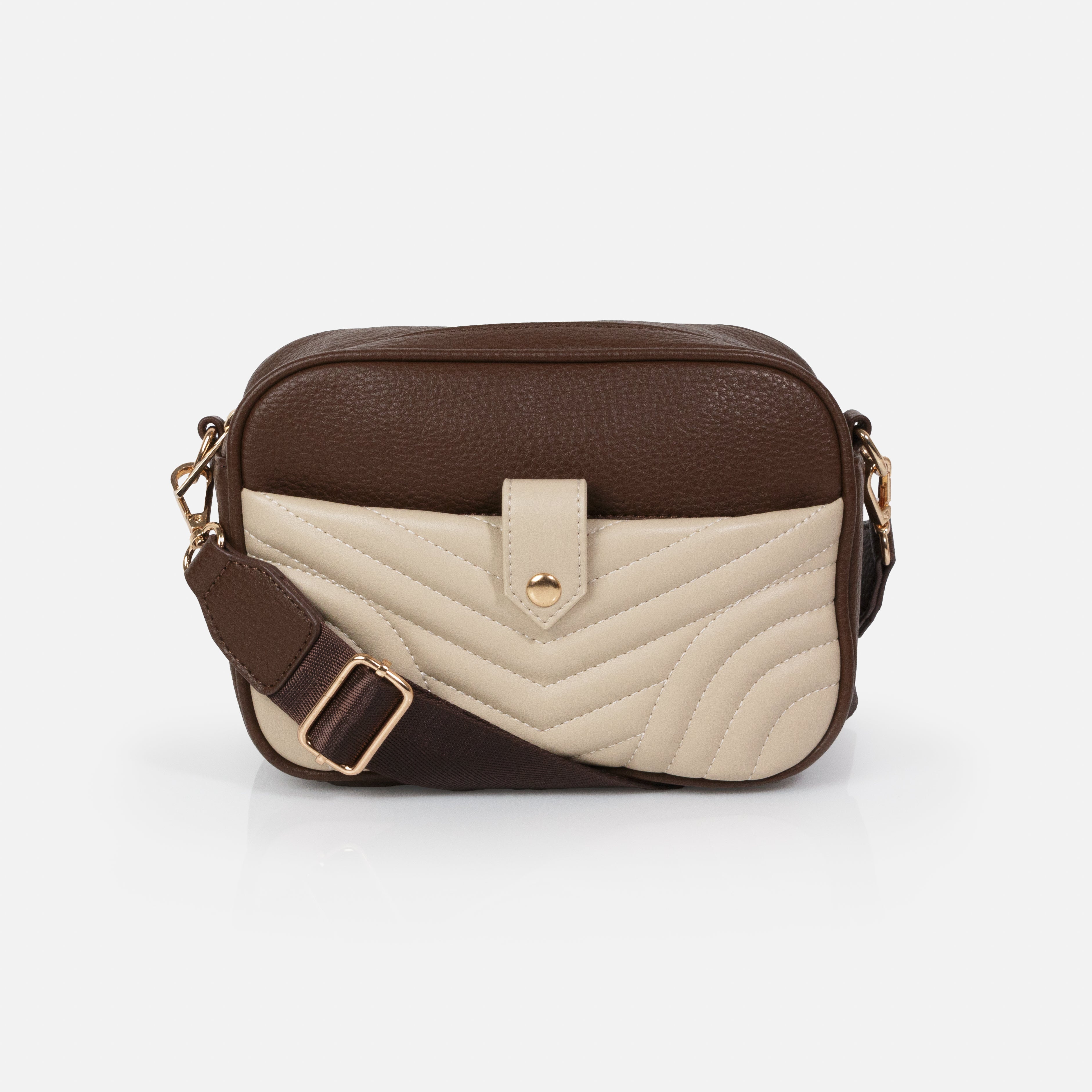 Dark Brown PU Crossbody Handbag &amp; Beige Quilted Clutch