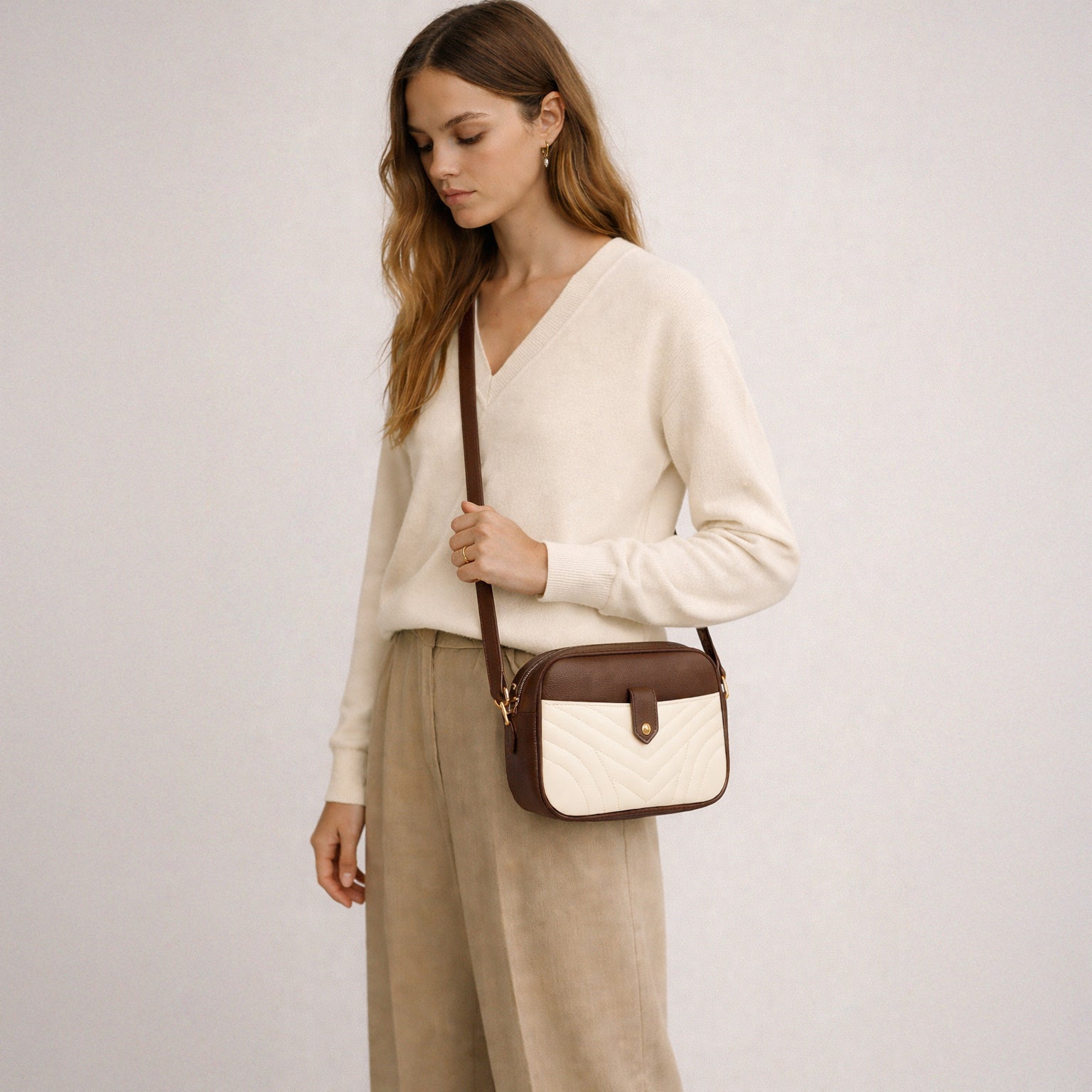 Dark Brown PU Crossbody Handbag &amp; Beige Quilted Clutch