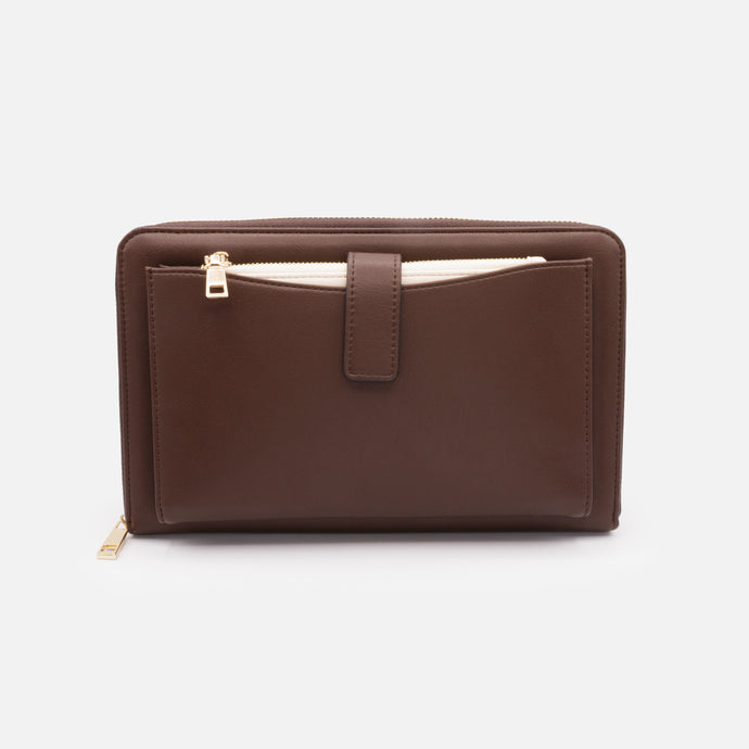 Très grand portefeuille brun foncé en PU & pochette ivoire amovible