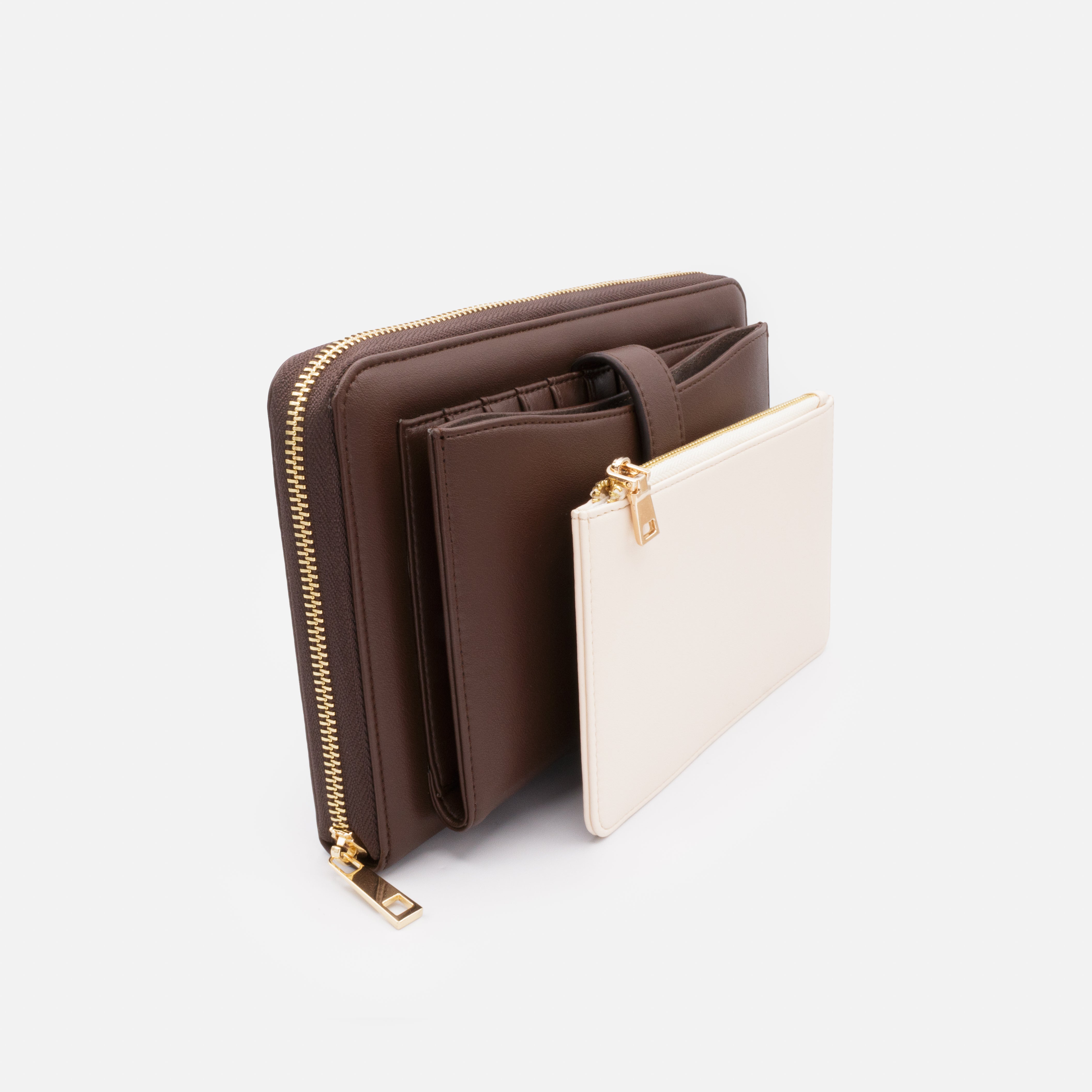 Très grand portefeuille brun foncé en PU & pochette ivoire amovible