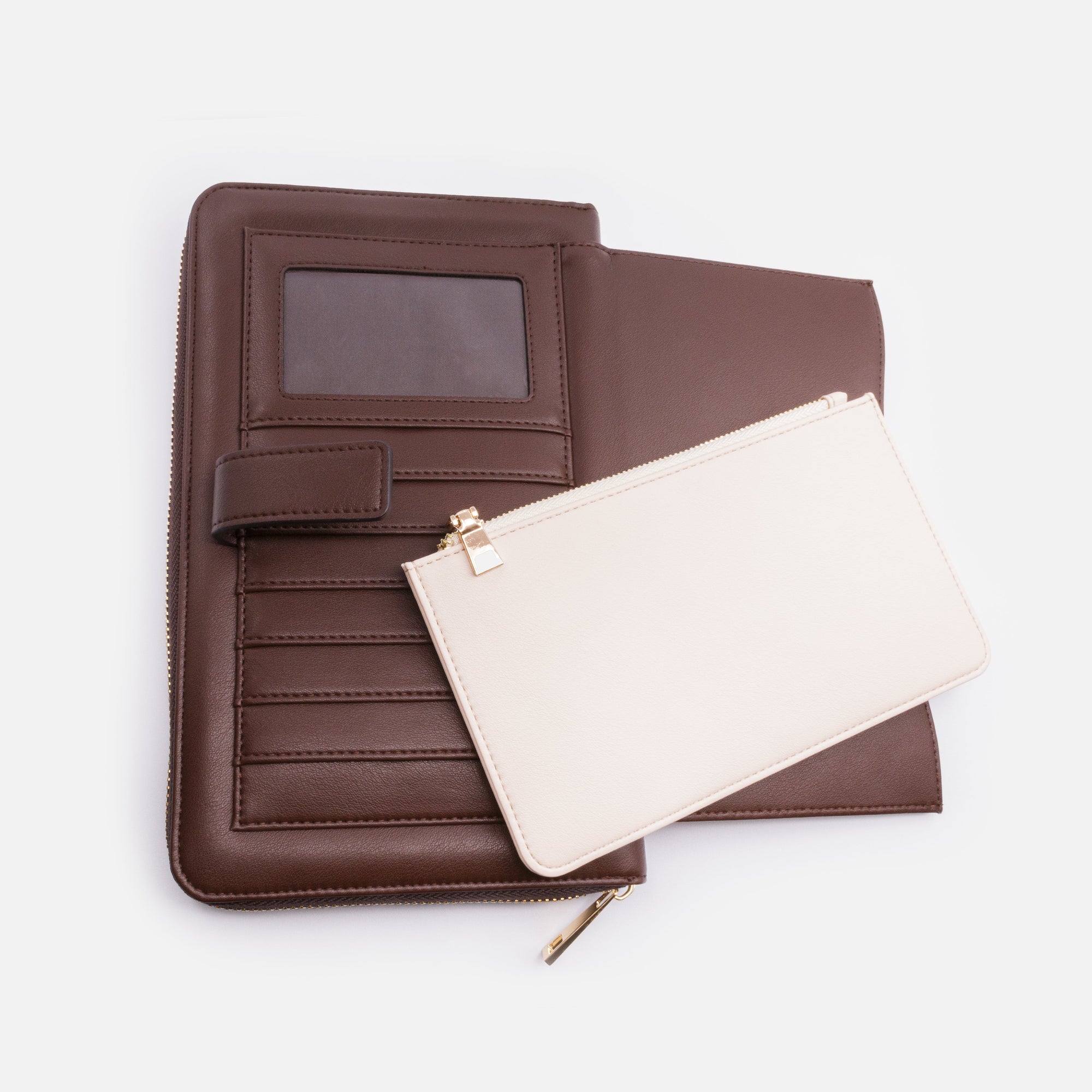 Très grand portefeuille brun foncé en PU & pochette ivoire amovible