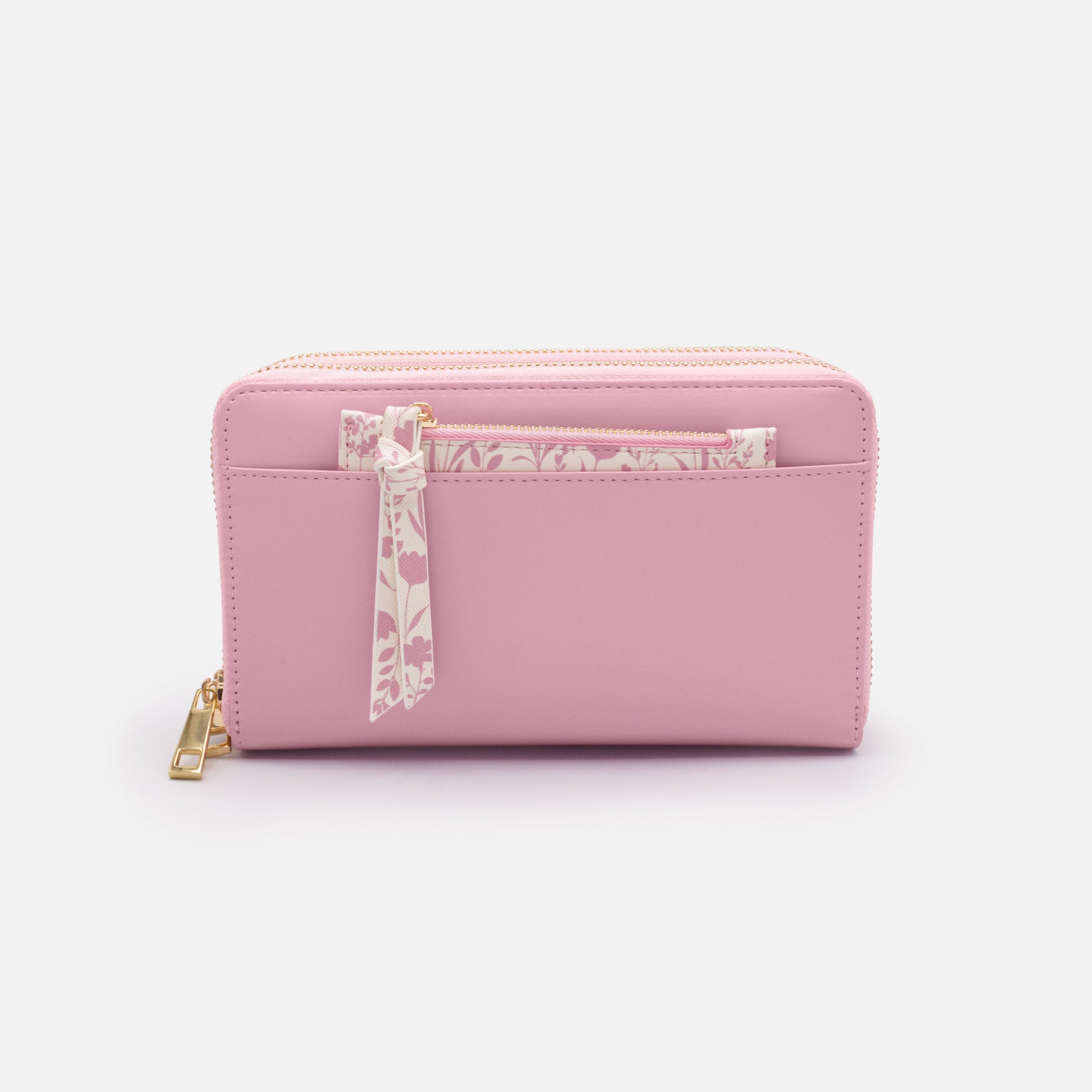 Pink PU double wallet with removable floral pocket