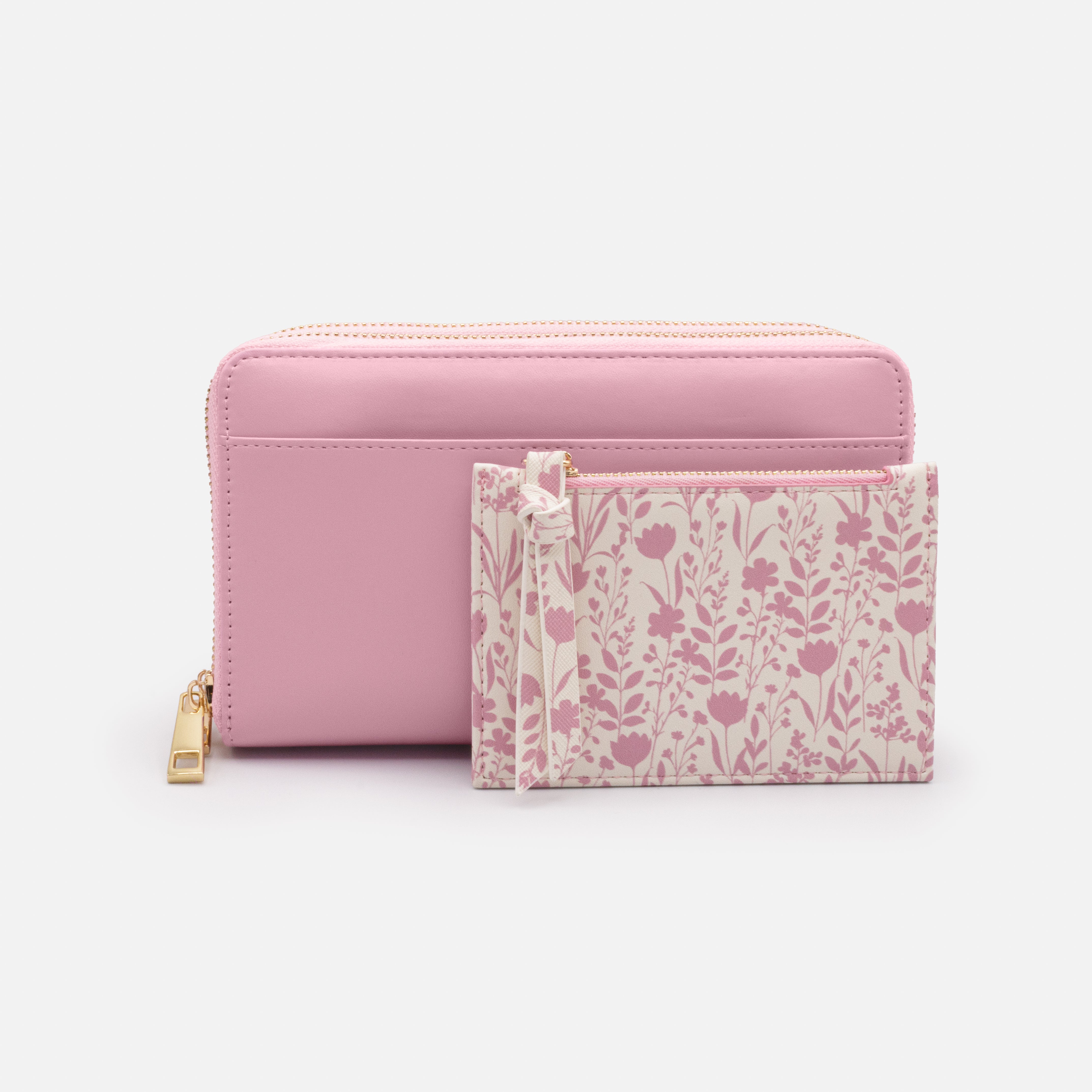 Pink PU double wallet with removable floral pocket