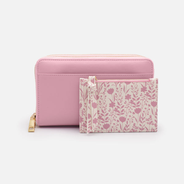 Load image into Gallery viewer, Pink PU double wallet with removable floral pocket
