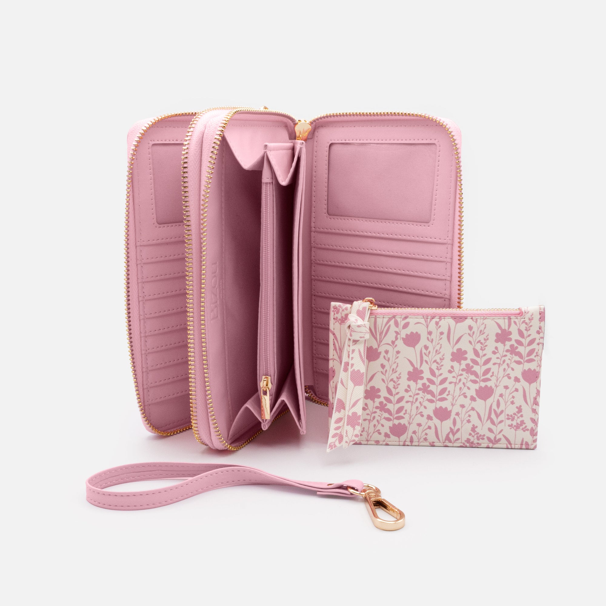Pink PU double wallet with removable floral pocket