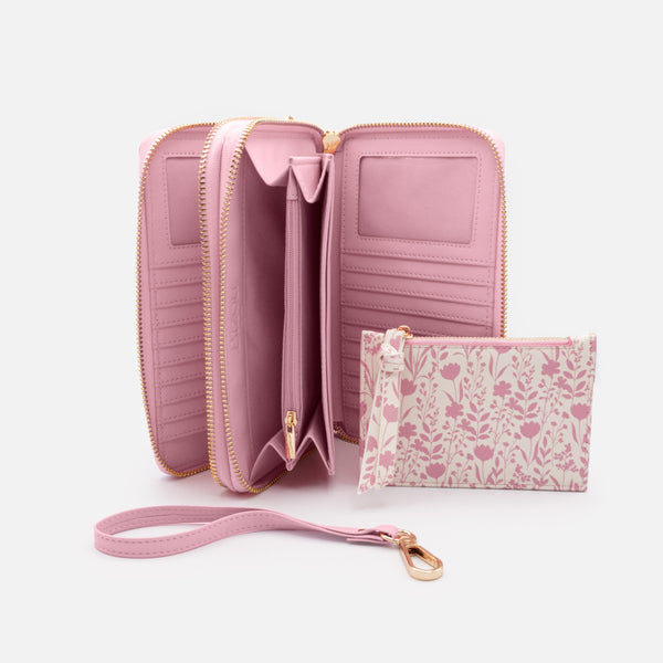 Load image into Gallery viewer, Pink PU double wallet with removable floral pocket
