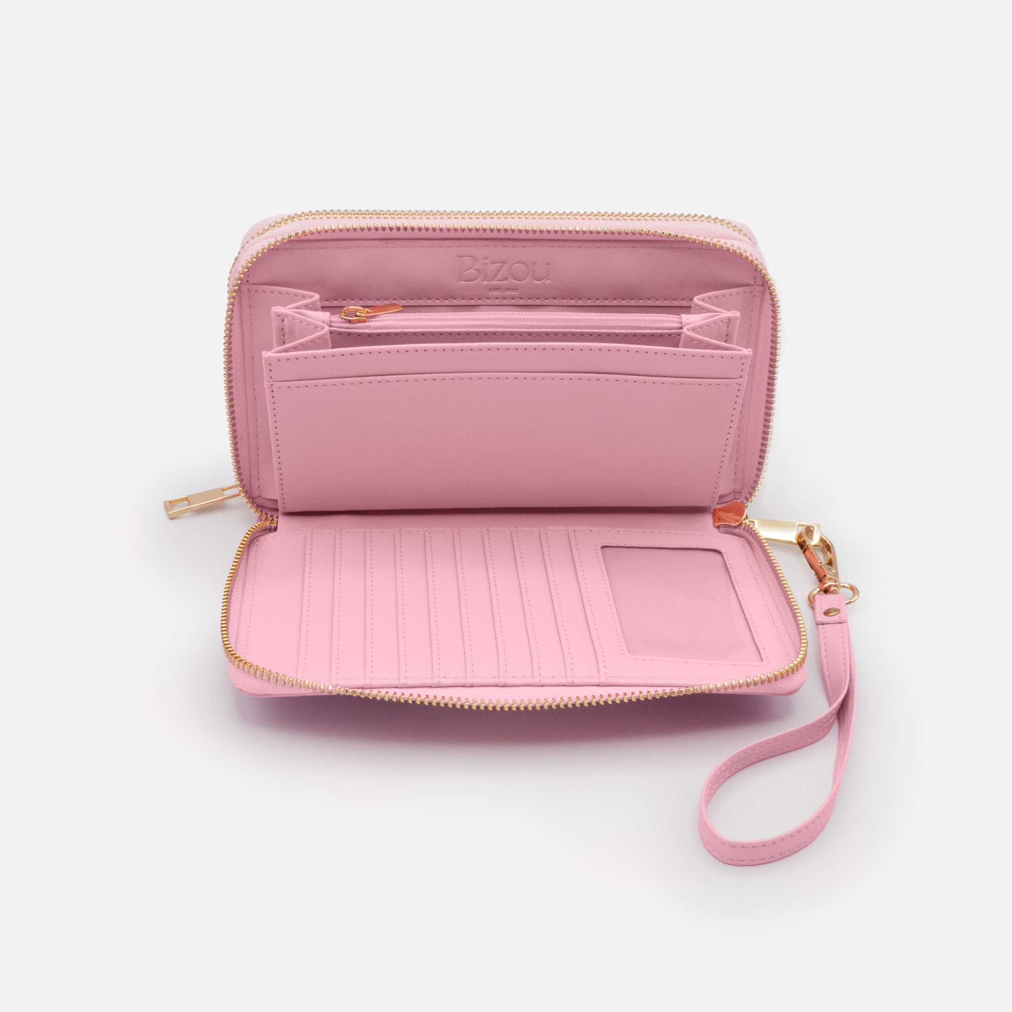 Pink PU double wallet with removable floral pocket