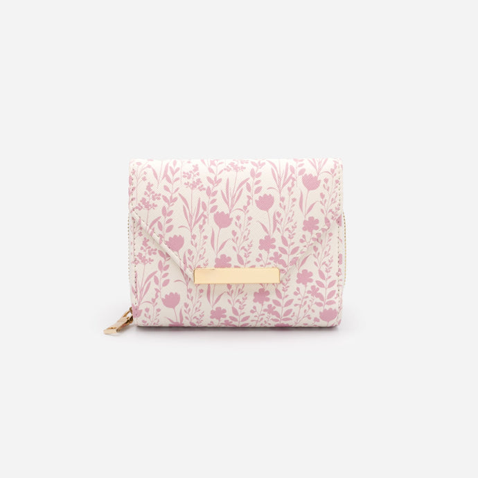 Ivory PU Saffiano wallet with pink floral print