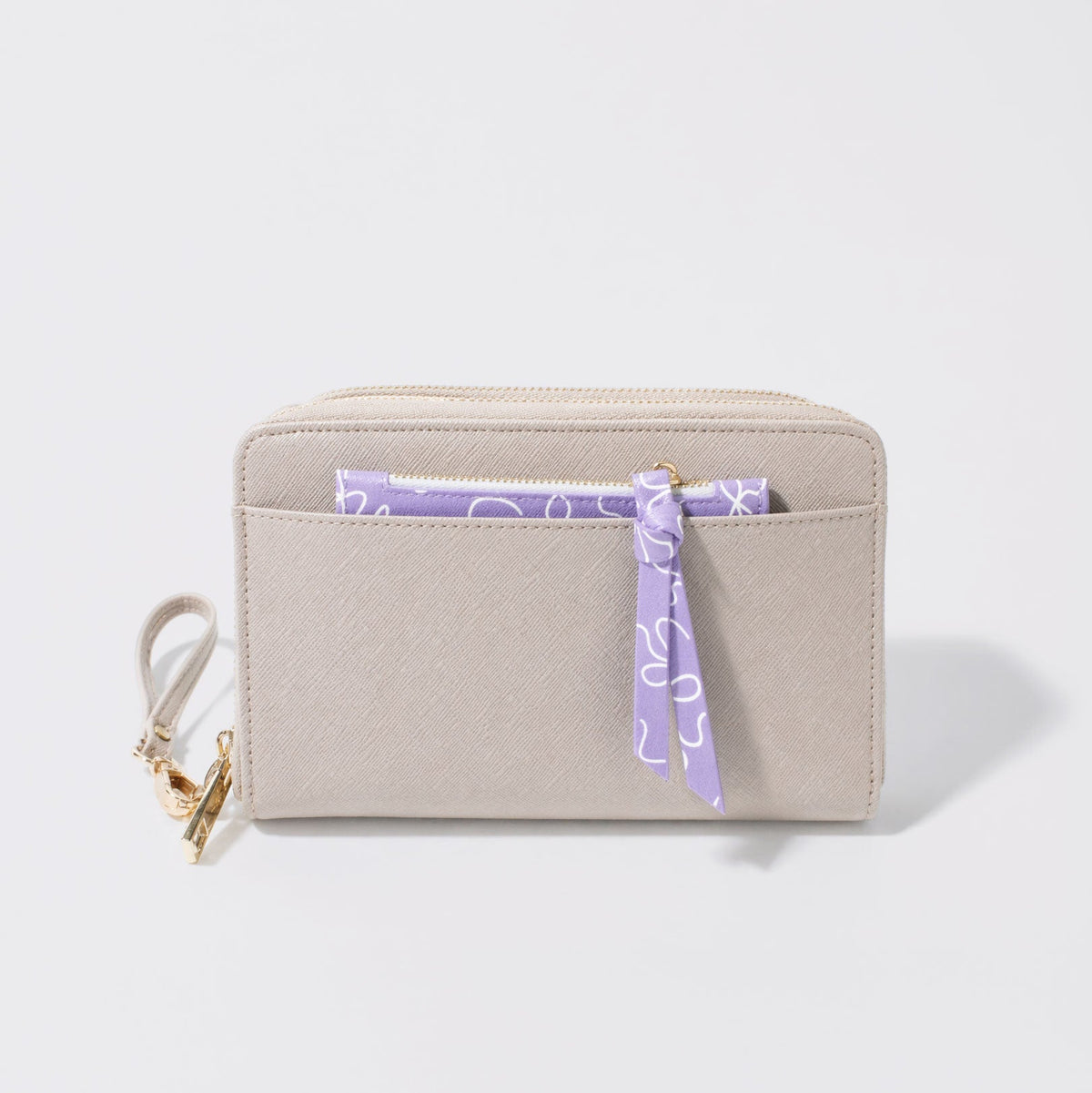 Portefeuille double beige avec pochette amovible à nœud lilas