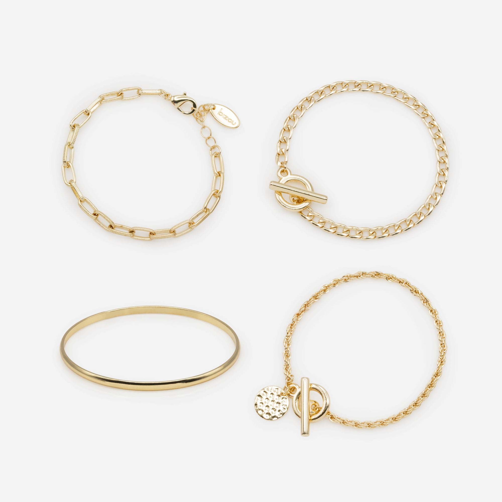 Rigid bracelet set and trio of gold bracelets with varied links