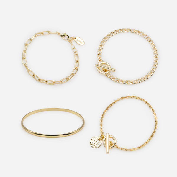 Load image into Gallery viewer, Rigid bracelet set and trio of gold bracelets with varied links
