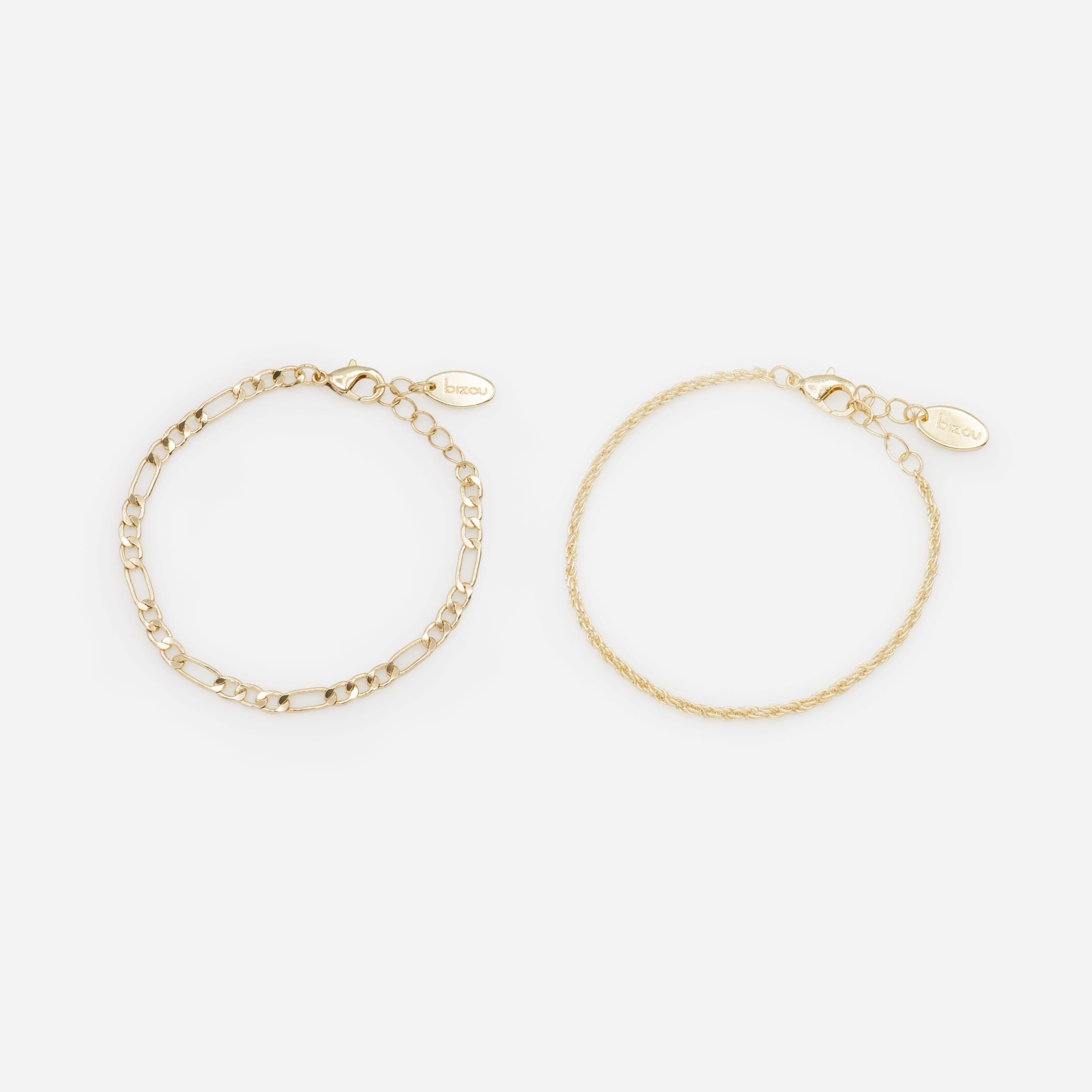 Ensemble de deux bracelets dorés à mailles corde et figaro