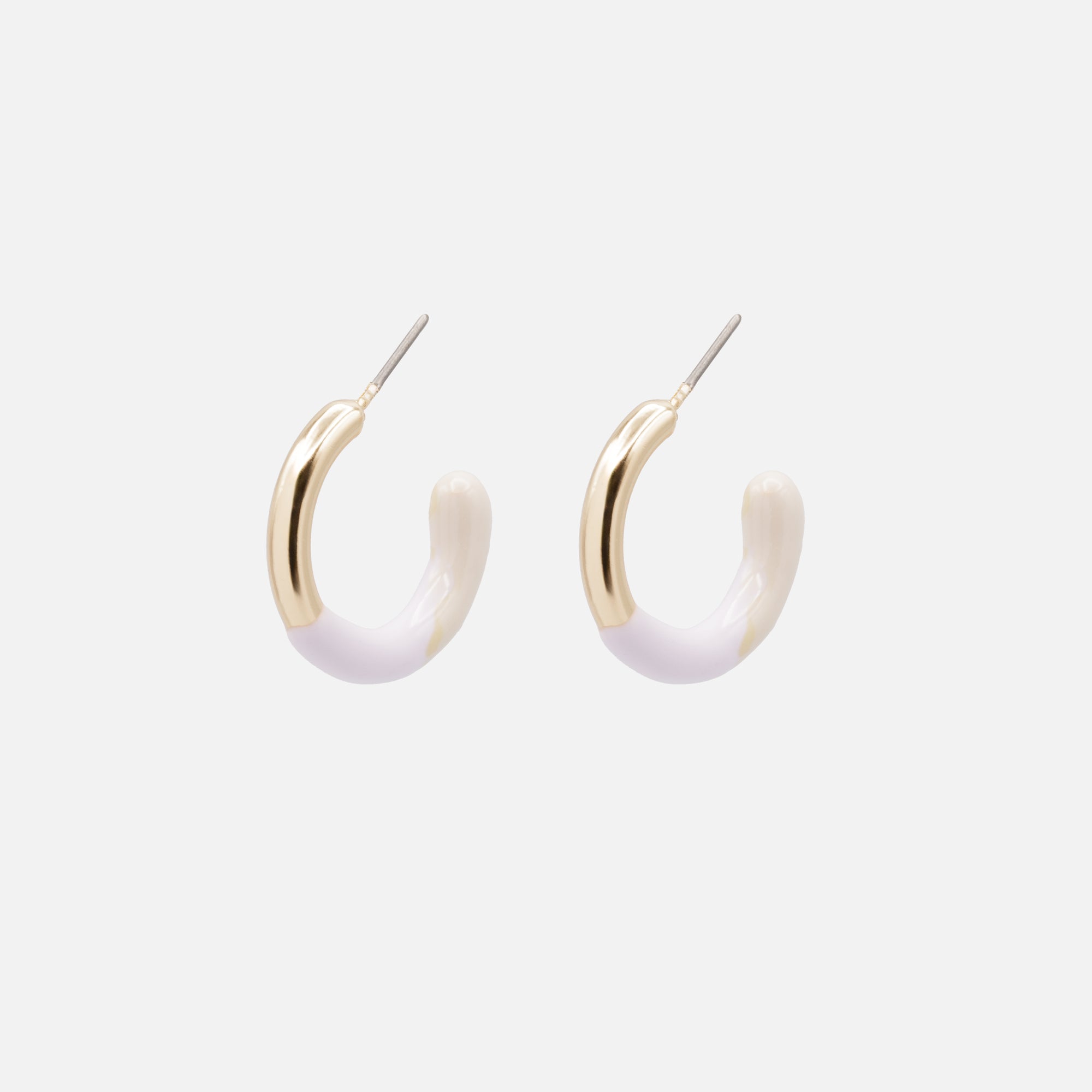 Open golden hoop earrings in lilac and beige tones