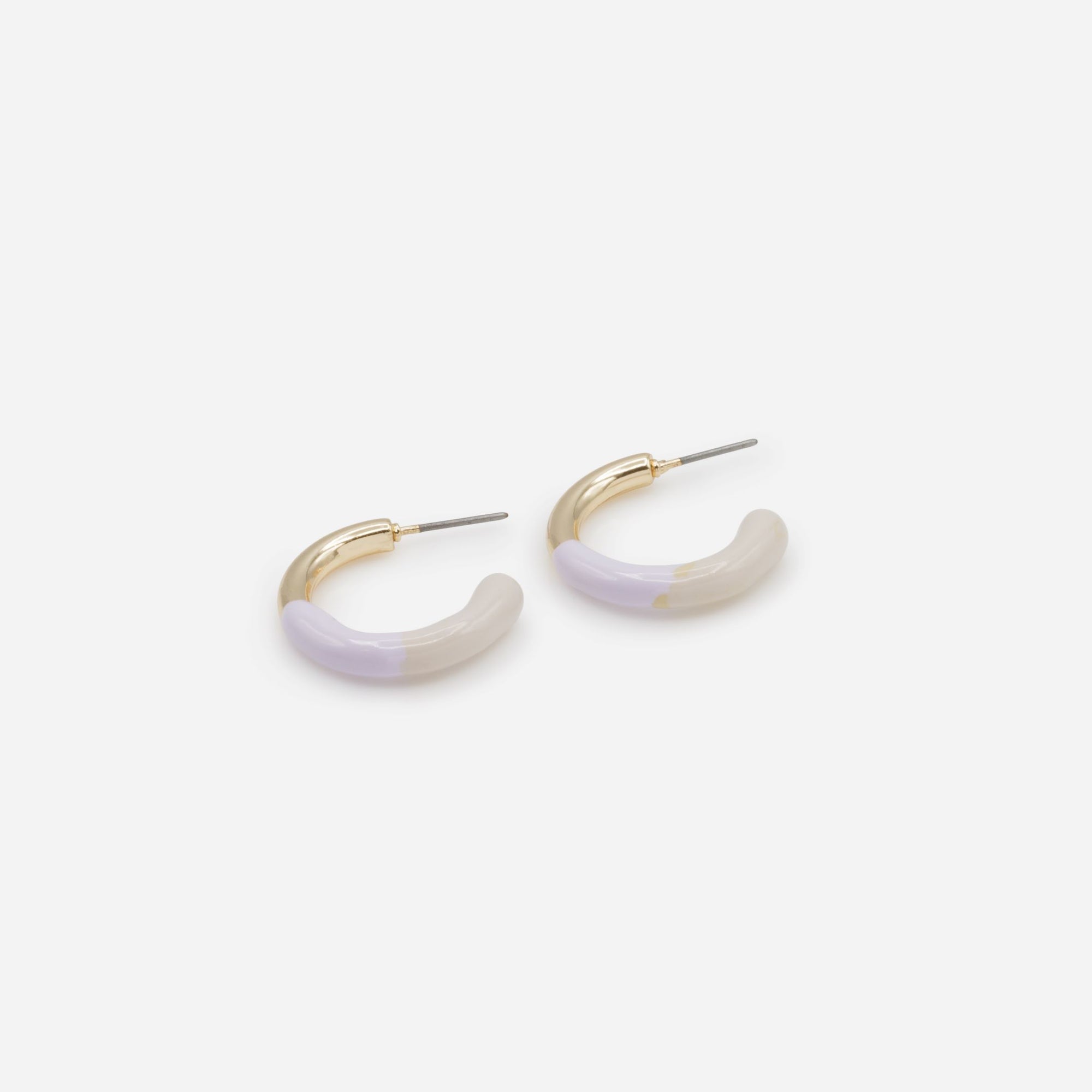 Open golden hoop earrings in lilac and beige tones