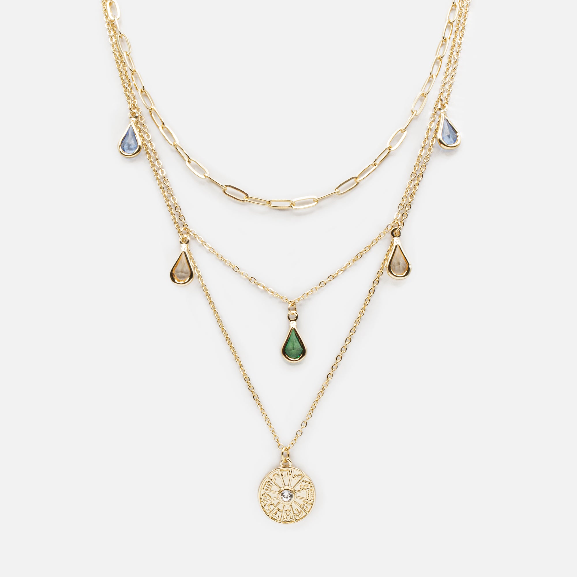 Collier triple chaîne dorée breloques pierres colorées et disque avec signes astrologiques