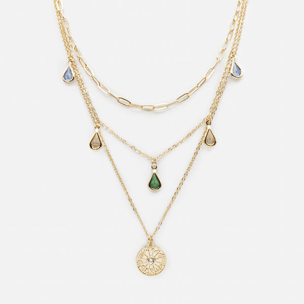 Load image into Gallery viewer, Triple golden chain necklace with colorful stone and disc charms with astrological signs
