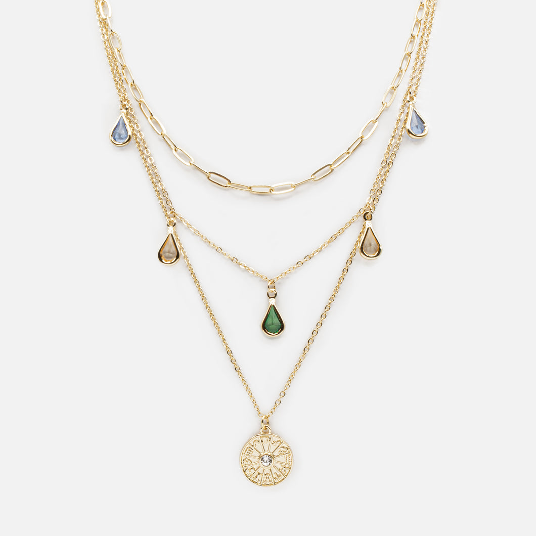 Triple golden chain necklace with colorful stone and disc charms with astrological signs