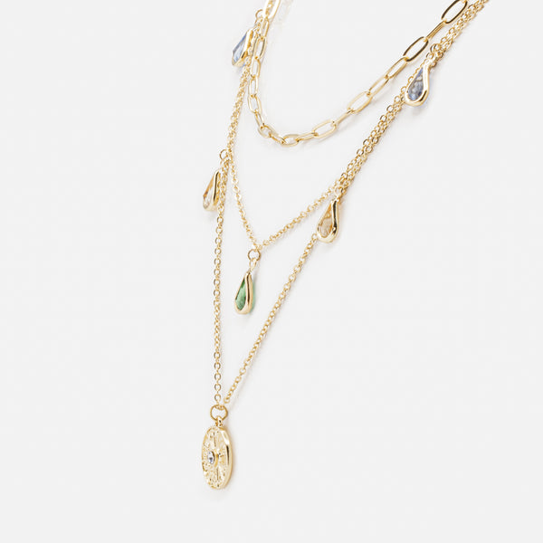 Load image into Gallery viewer, Triple golden chain necklace with colorful stone and disc charms with astrological signs
