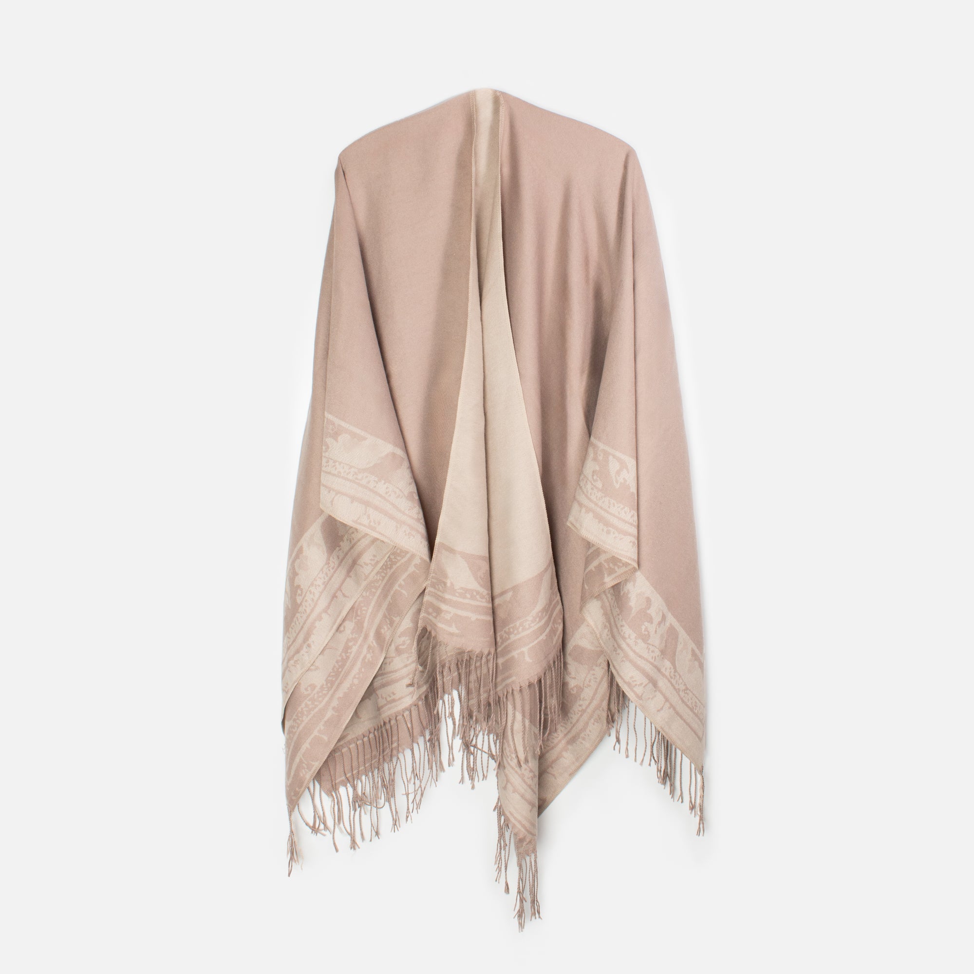 Beige poncho with pattern and fringe