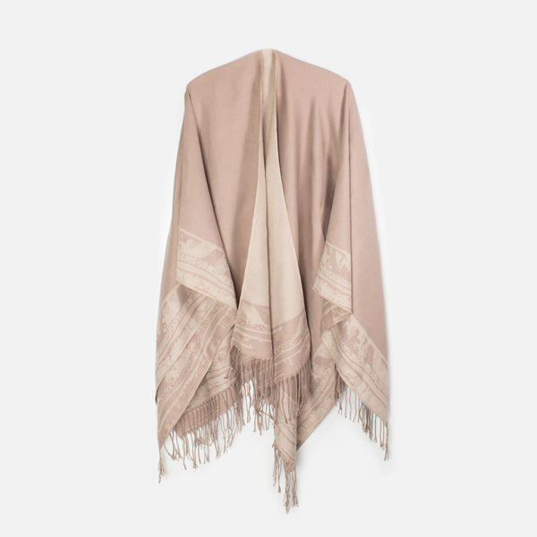 Load image into Gallery viewer, Beige poncho with pattern and fringe

