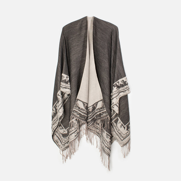 Load image into Gallery viewer, Dark gray poncho with pattern and fringe
