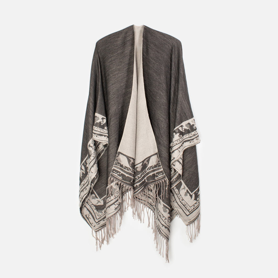 Dark gray poncho with pattern and fringe