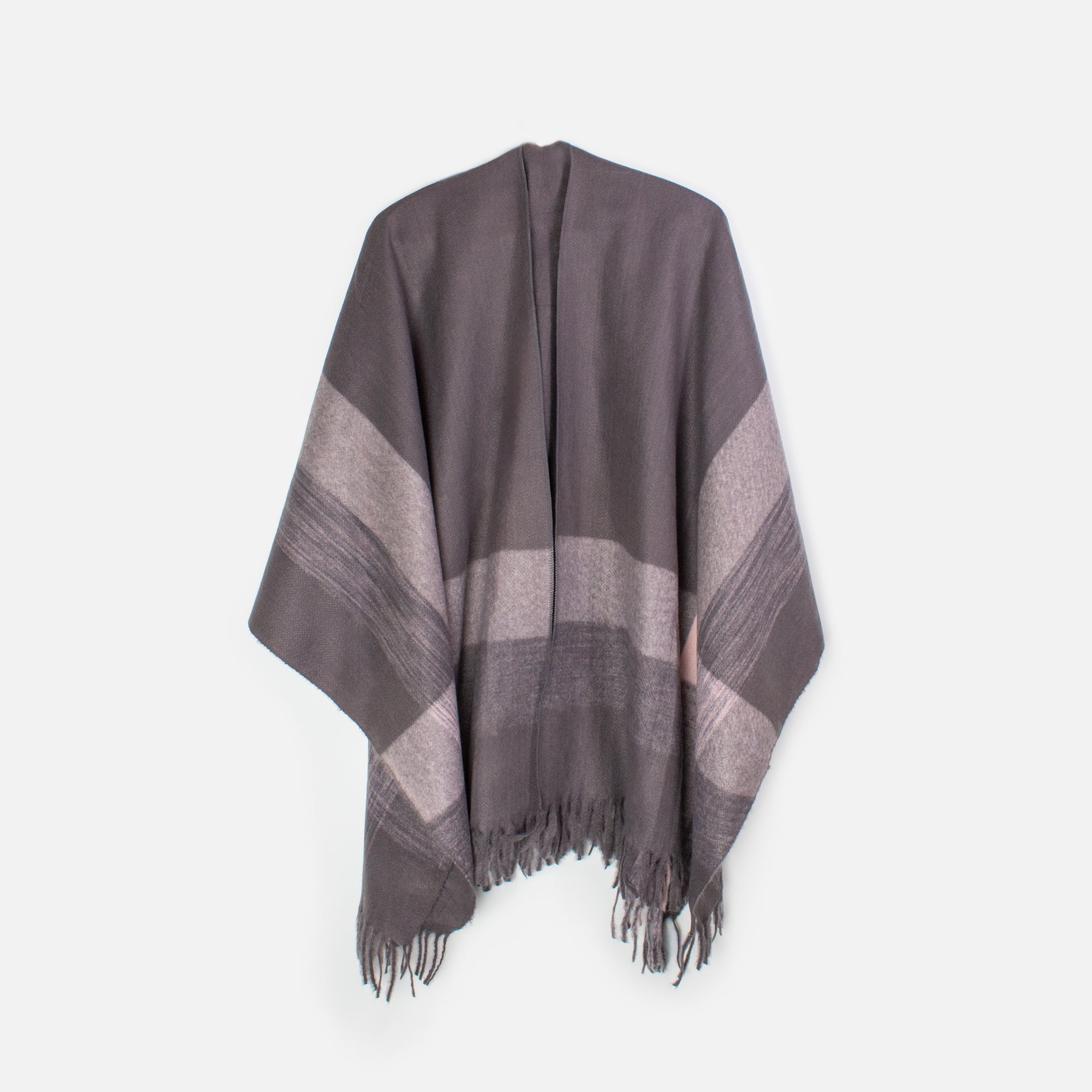 Gray poncho with wide bands and fringe
