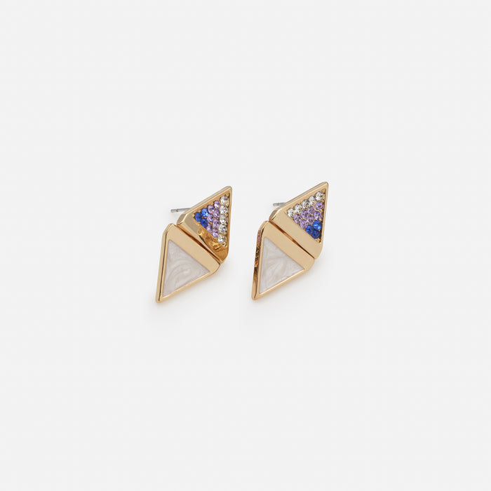 Ensemble collier à billes bleu royal et boucles d'oreilles dorées en triangles avec nacre et zircons cubiques